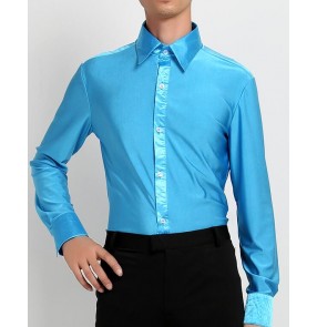 Black light blue turquoise red white men's show play turn down collar  ribbon side long sleeves competition performance professional ballroom tango waltz latin rhythm flamenco dance tops shirts for mens male